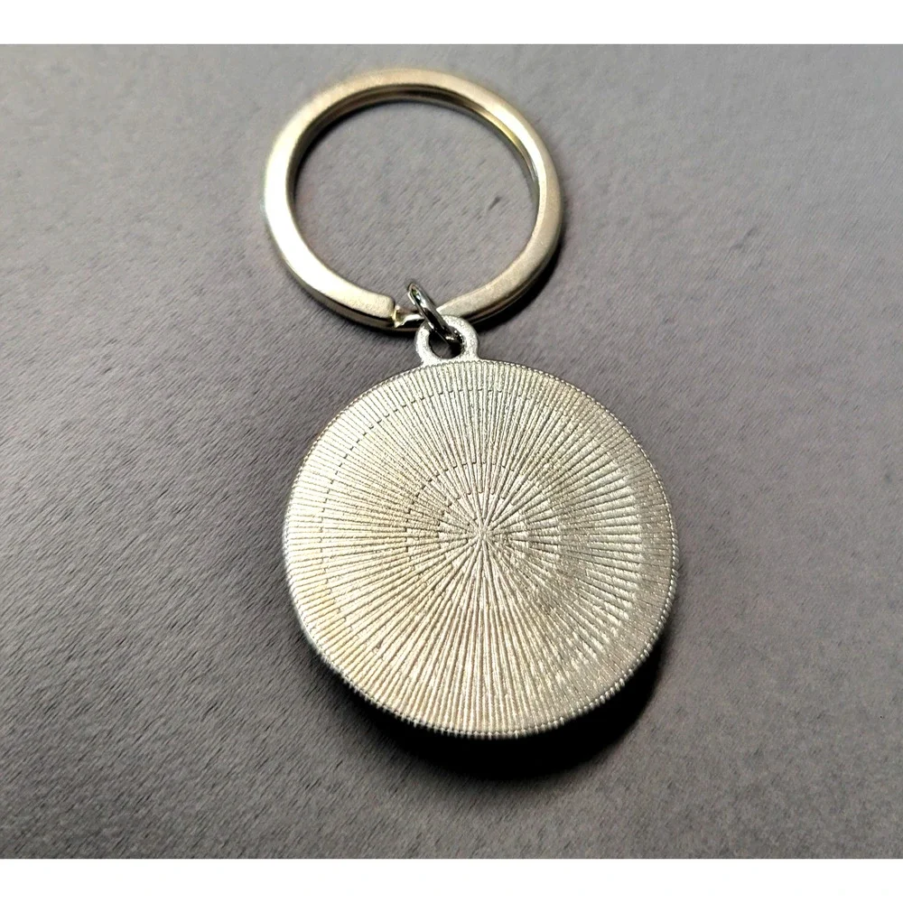 Beauty and the Beast Stained Glass Keychain Round Domed Glass Silver Tone Charm‎